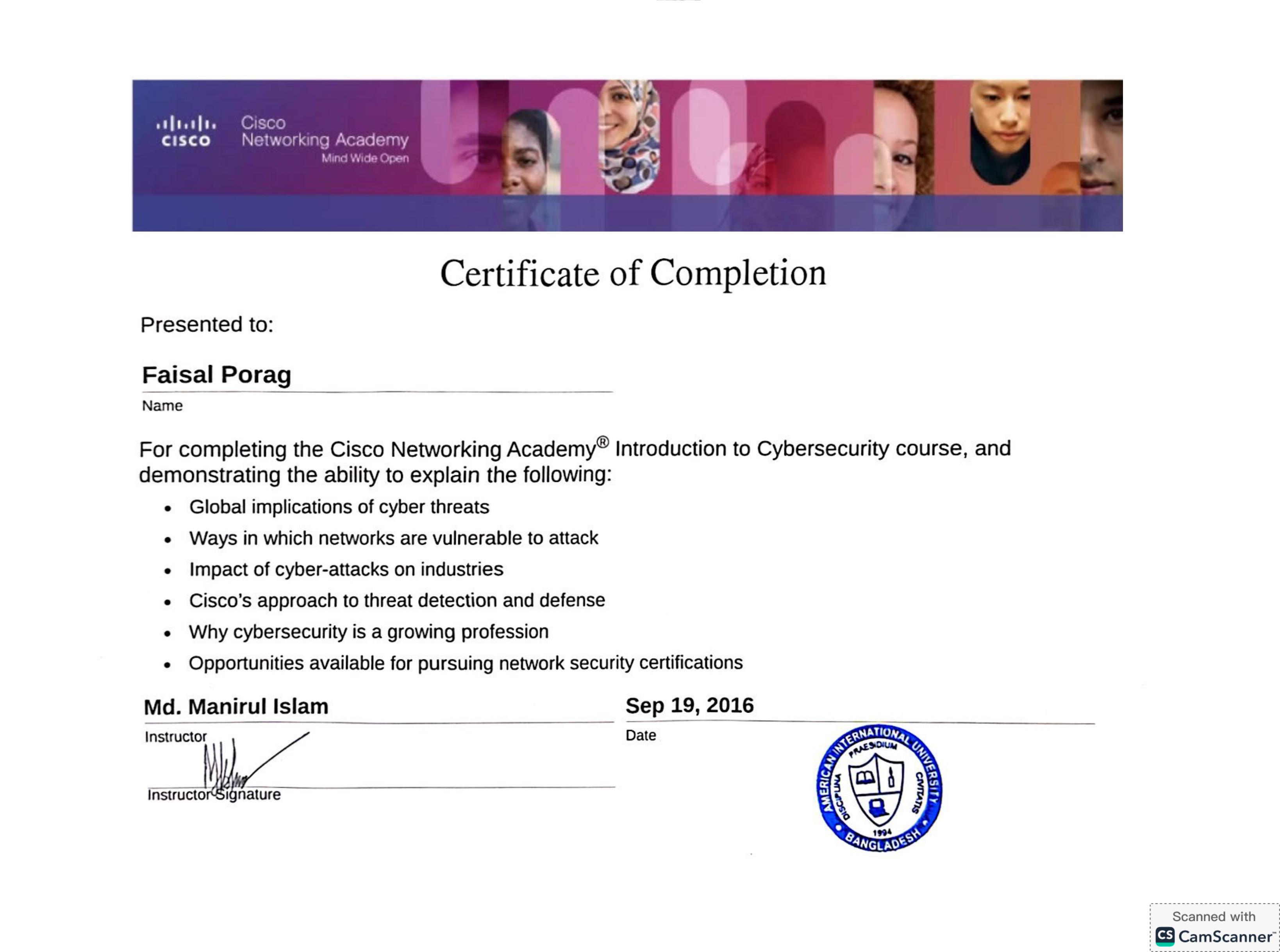 Cisco Networking Academy Certificate